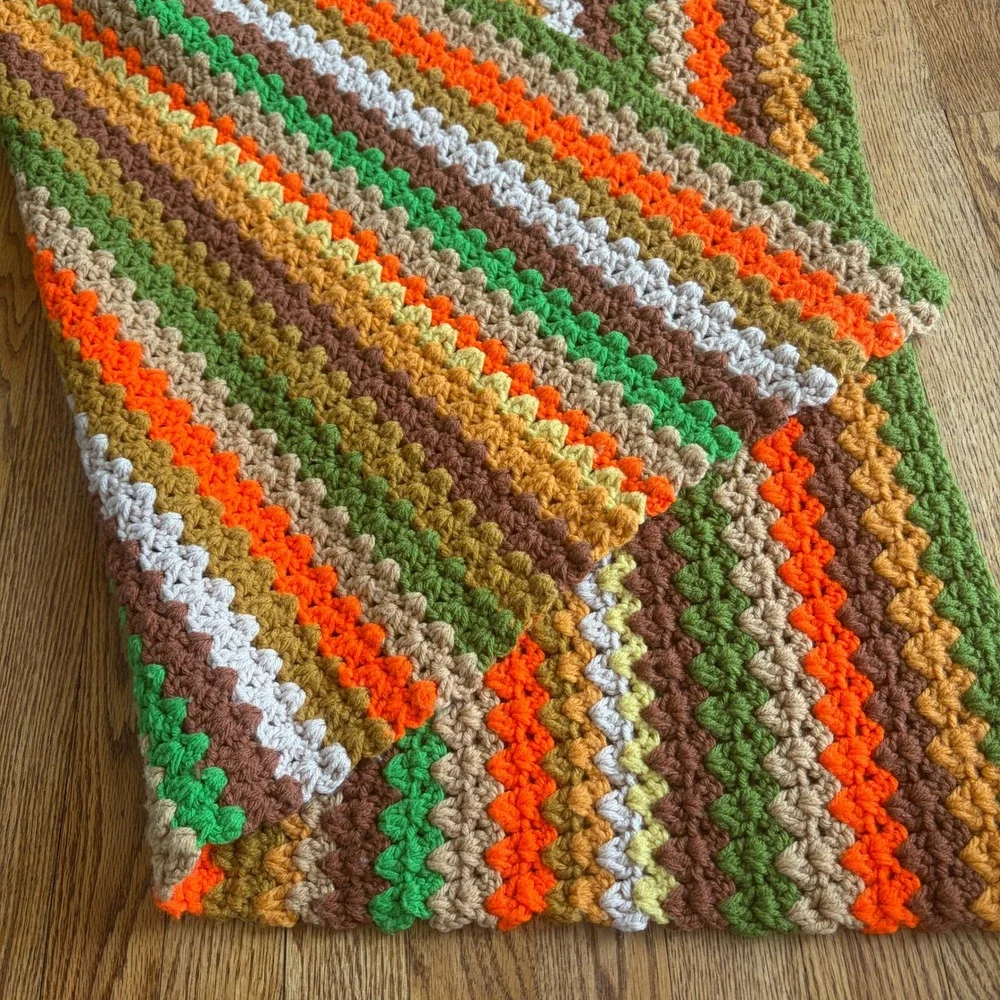 Vintage Handmade Crochet Afghan Blanket 70s Earthy Green Orange Brown 33x77